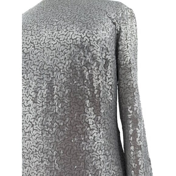 Tadashi Shoji Long-Sleeve Sequined Silver Midi Dress Draped Back Detail Size M - Picture 2 of 9